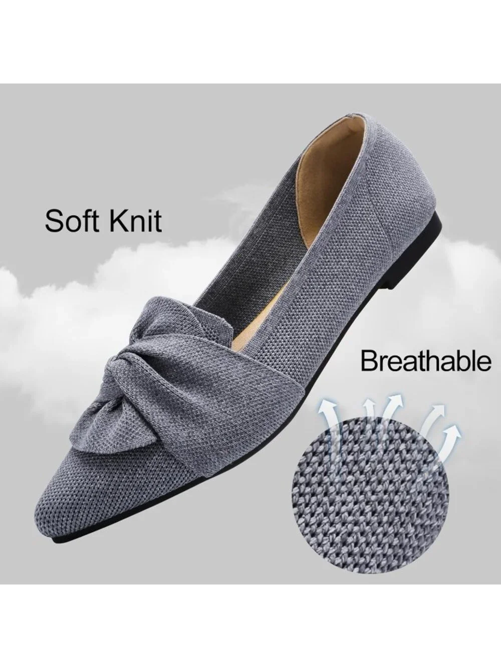 Women's Grey Pointed Toe Ballet Flats with Bow Comfortable Knit Dressy Shoes